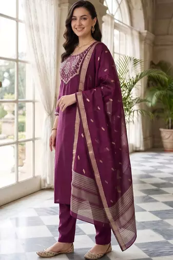 women ethnic motifs embroidered regular thread work kurta with trousers & with dupatta