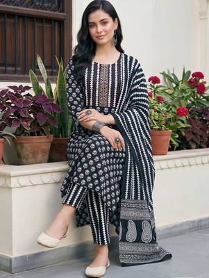 women printed regular cotton kurta with trousers & with dupatta 6