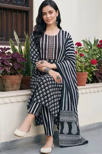women printed regular cotton kurta with trousers & with dupatta