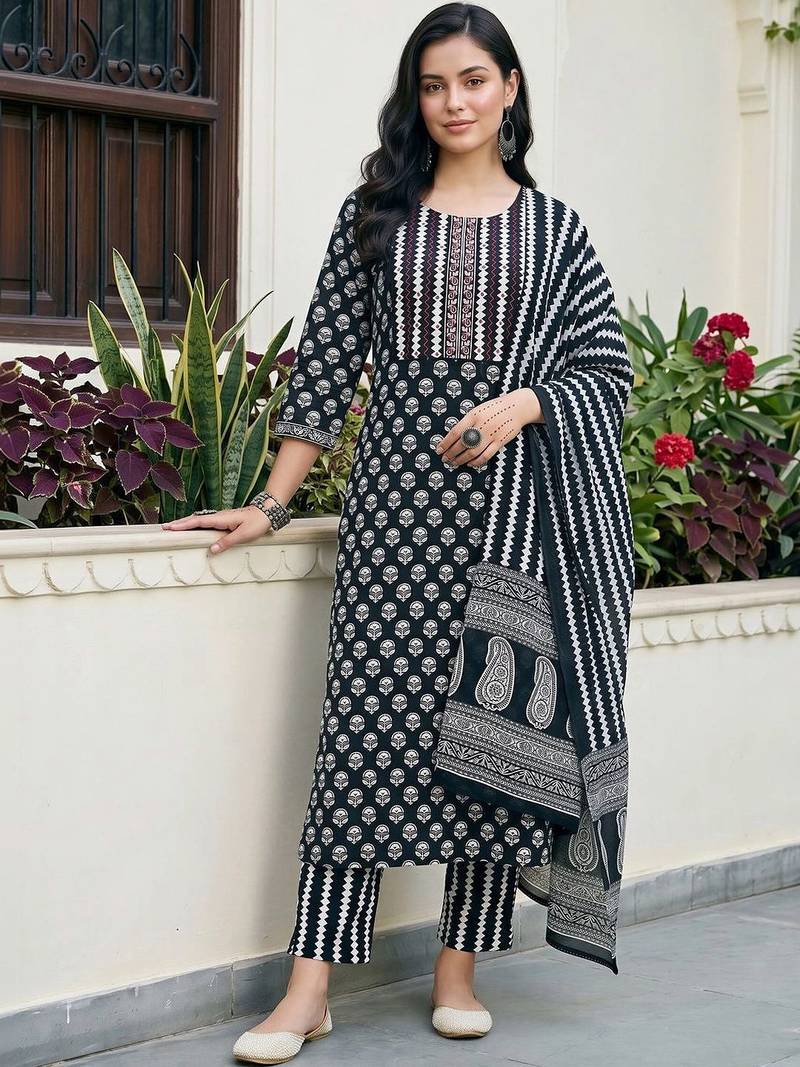 women printed regular cotton kurta with trousers & with dupatta