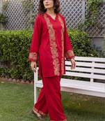 women ethnic motifs embroidered regular thread work kurta with palazzos