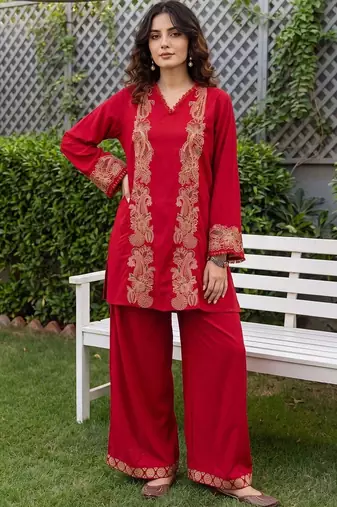 women ethnic motifs embroidered regular thread work kurta with palazzos