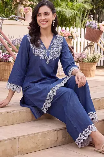women ethnic motifs embroidered regular thread work linen kurta with palazzos
