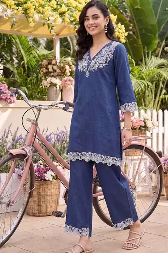 women ethnic motifs embroidered regular thread work linen kurta with palazzos