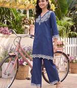 women ethnic motifs embroidered regular thread work linen kurta with palazzos
