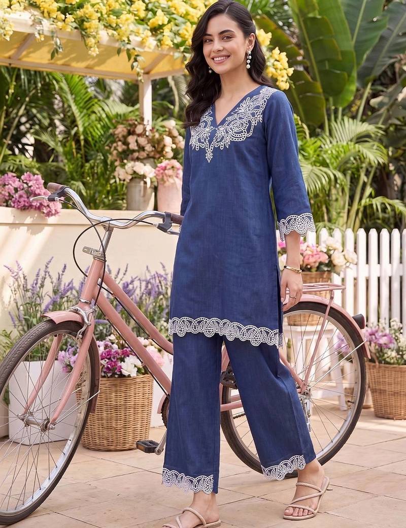 women ethnic motifs embroidered regular thread work linen kurta with palazzos