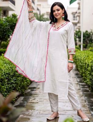 women floral embroidered regular thread work kurta with trousers & with dupatta 1