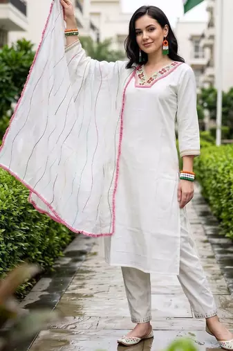 women floral embroidered regular thread work kurta with trousers & with dupatta