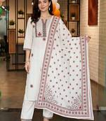 women ethnic motifs embroidered regular thread work cotton kurta with trousers & with dupatta