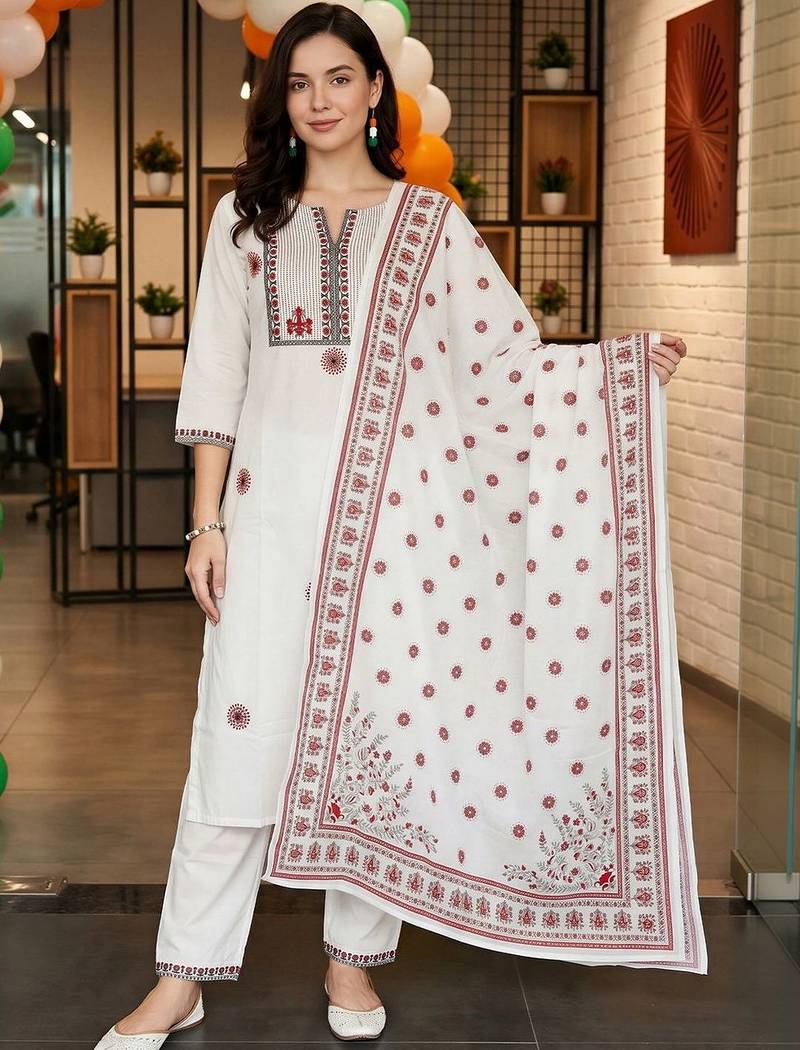 women ethnic motifs embroidered regular thread work cotton kurta with trousers & with dupatta