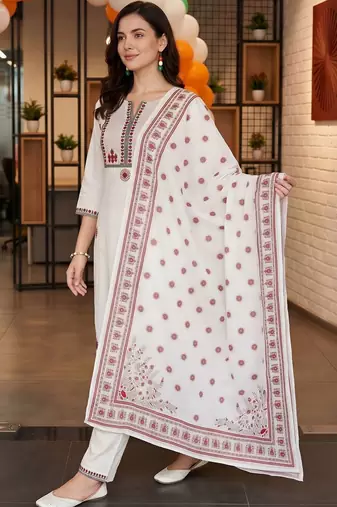 women ethnic motifs embroidered regular thread work cotton kurta with trousers & with dupatta