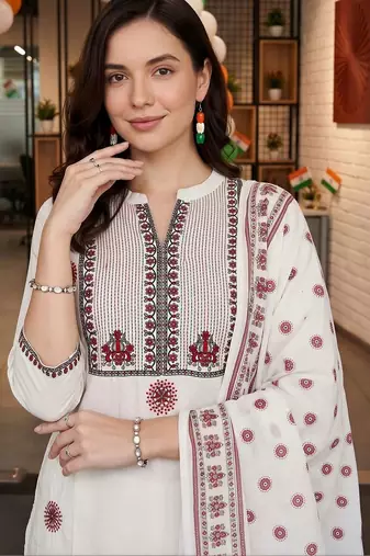 women ethnic motifs embroidered regular thread work cotton kurta with trousers & with dupatta