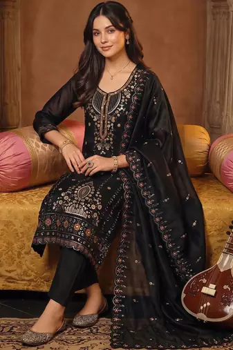 women ethnic motifs embroidered regular kurta with trousers & with dupatta