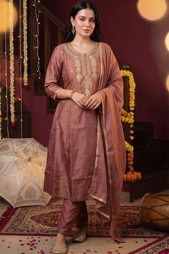women ethnic motifs embroidered regular kurta with trousers & with dupatta