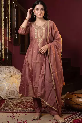 women ethnic motifs embroidered regular kurta with trousers & with dupatta