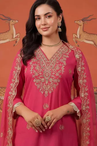 women ethnic motifs embroidered regular kurta with trousers & with dupatta