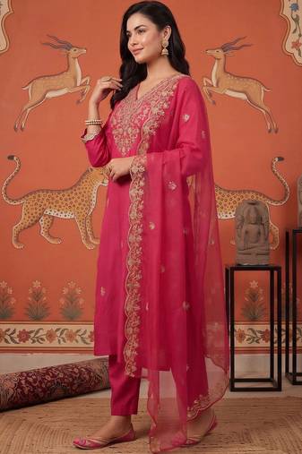 women ethnic motifs embroidered regular kurta with trousers & with dupatta