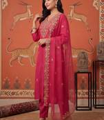 women ethnic motifs embroidered regular kurta with trousers & with dupatta