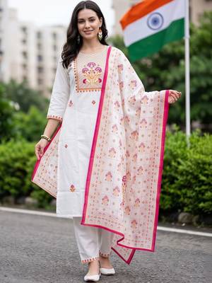 motifs embroidered regular thread work cotton kurta with trousers & with dupatta 1