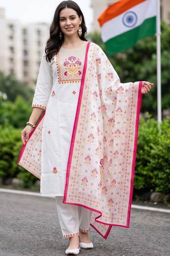 motifs embroidered regular thread work cotton kurta with trousers & with dupatta