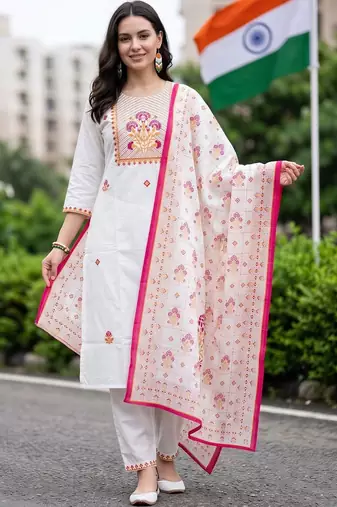 motifs embroidered regular thread work cotton kurta with trousers & with dupatta