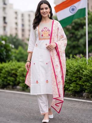 motifs embroidered regular thread work cotton kurta with trousers & with dupatta 2