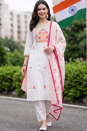motifs embroidered regular thread work cotton kurta with trousers & with dupatta
