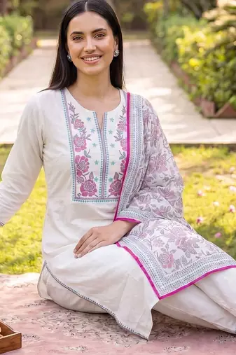 women floral embroidered thread work cotton kurta with trousers & dupatta