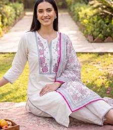 women floral embroidered thread work cotton kurta with trousers & dupatta