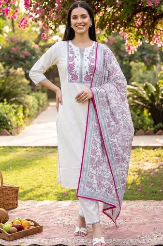 women floral embroidered thread work cotton kurta with trousers & dupatta