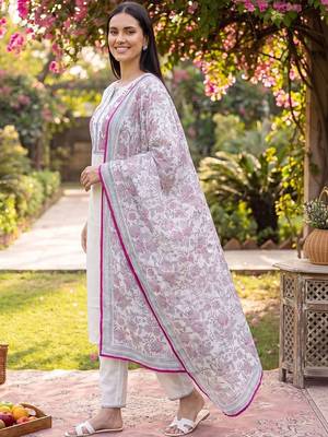 women floral embroidered thread work cotton kurta with trousers & dupatta 4