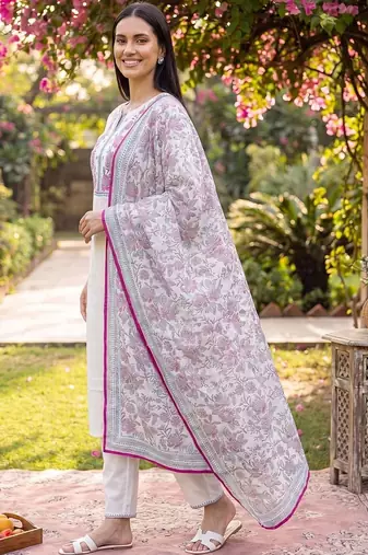 women floral embroidered thread work cotton kurta with trousers & dupatta