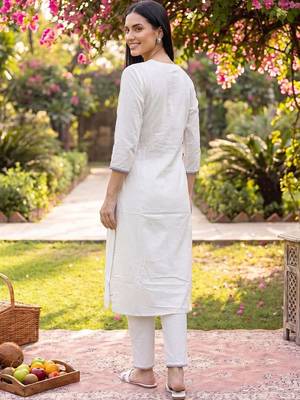 women floral embroidered thread work cotton kurta with trousers & dupatta 5