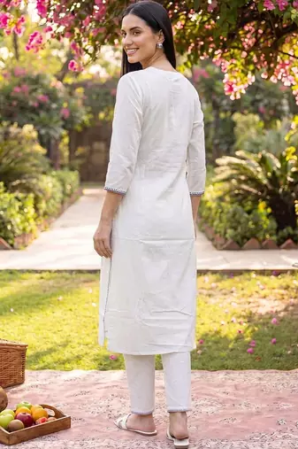 women floral embroidered thread work cotton kurta with trousers & dupatta