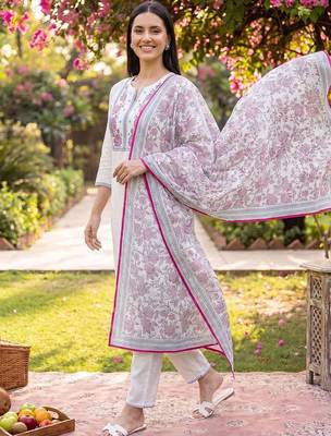 women floral embroidered thread work cotton kurta with trousers & dupatta 1