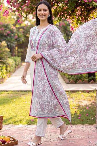 women floral embroidered thread work cotton kurta with trousers & dupatta