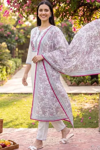 women floral embroidered thread work cotton kurta with trousers & dupatta