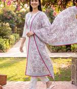 women floral embroidered thread work cotton kurta with trousers & dupatta