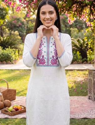 women floral embroidered thread work cotton kurta with trousers & dupatta 6