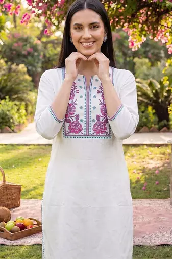 women floral embroidered thread work cotton kurta with trousers & dupatta