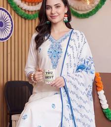 women ethnic motifs embroidered regular thread work cotton kurta with trousers & with dupatta