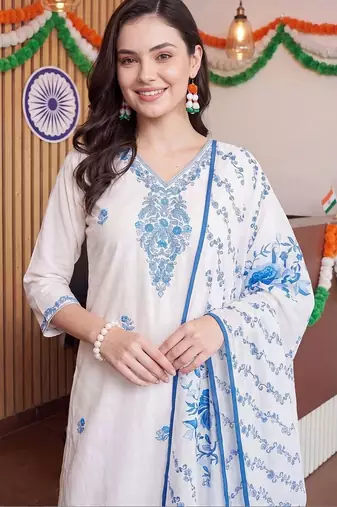 women ethnic motifs embroidered regular thread work cotton kurta with trousers & with dupatta