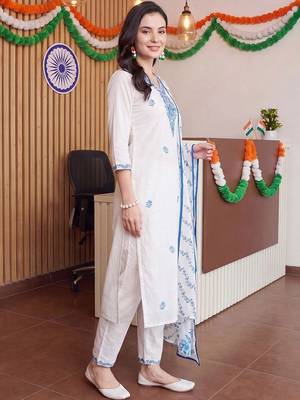 women ethnic motifs embroidered regular thread work cotton kurta with trousers & with dupatta 4