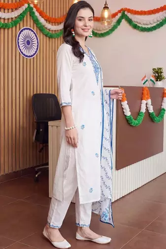 women ethnic motifs embroidered regular thread work cotton kurta with trousers & with dupatta