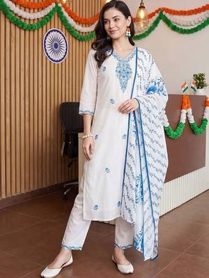 women ethnic motifs embroidered regular thread work cotton kurta with trousers & with dupatta 1