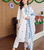 women ethnic motifs embroidered regular thread work cotton kurta with trousers & with dupatta