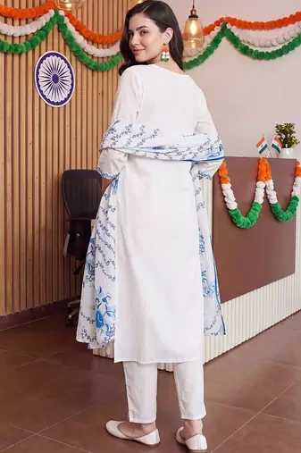 women ethnic motifs embroidered regular thread work cotton kurta with trousers & with dupatta