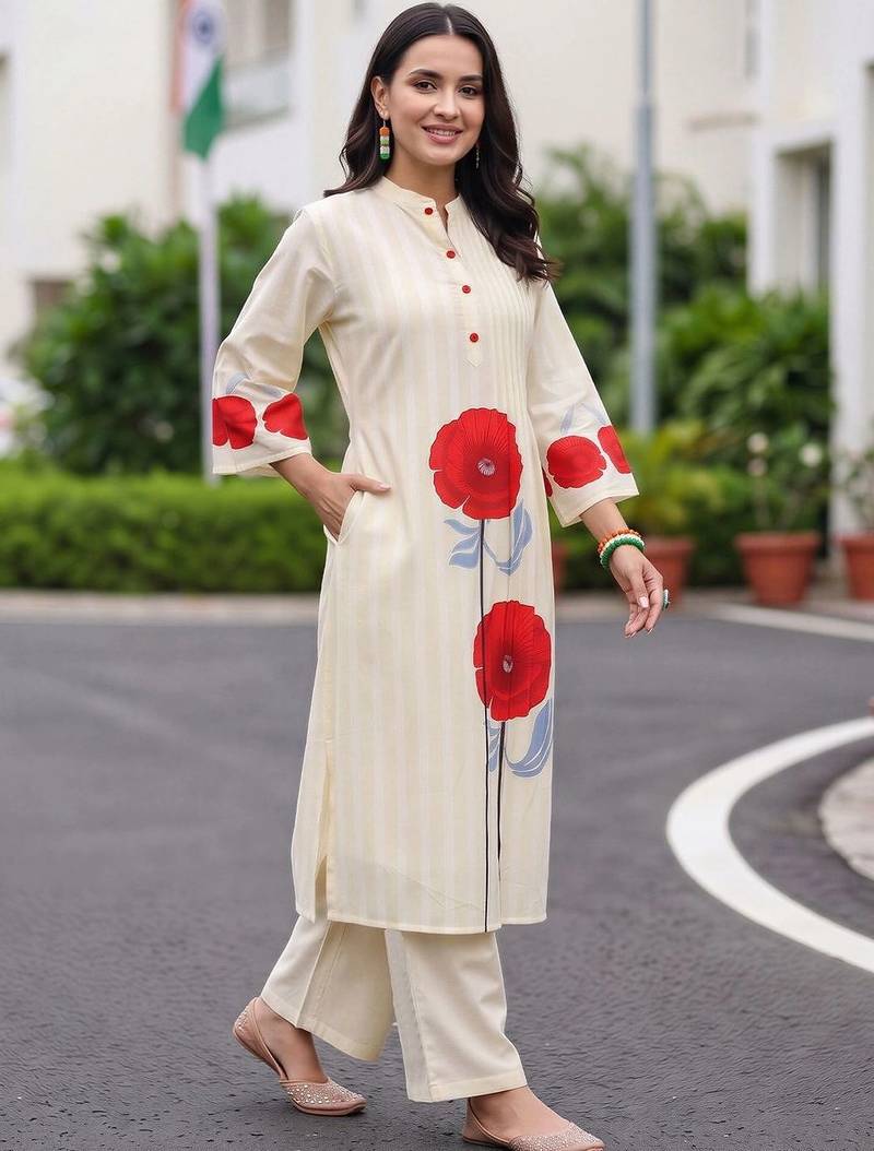 women floral printed regular cotton kurta with trousers