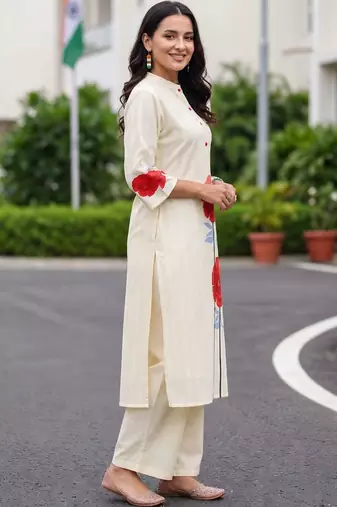 women floral printed regular cotton kurta with trousers