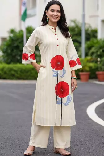 women floral printed regular cotton kurta with trousers